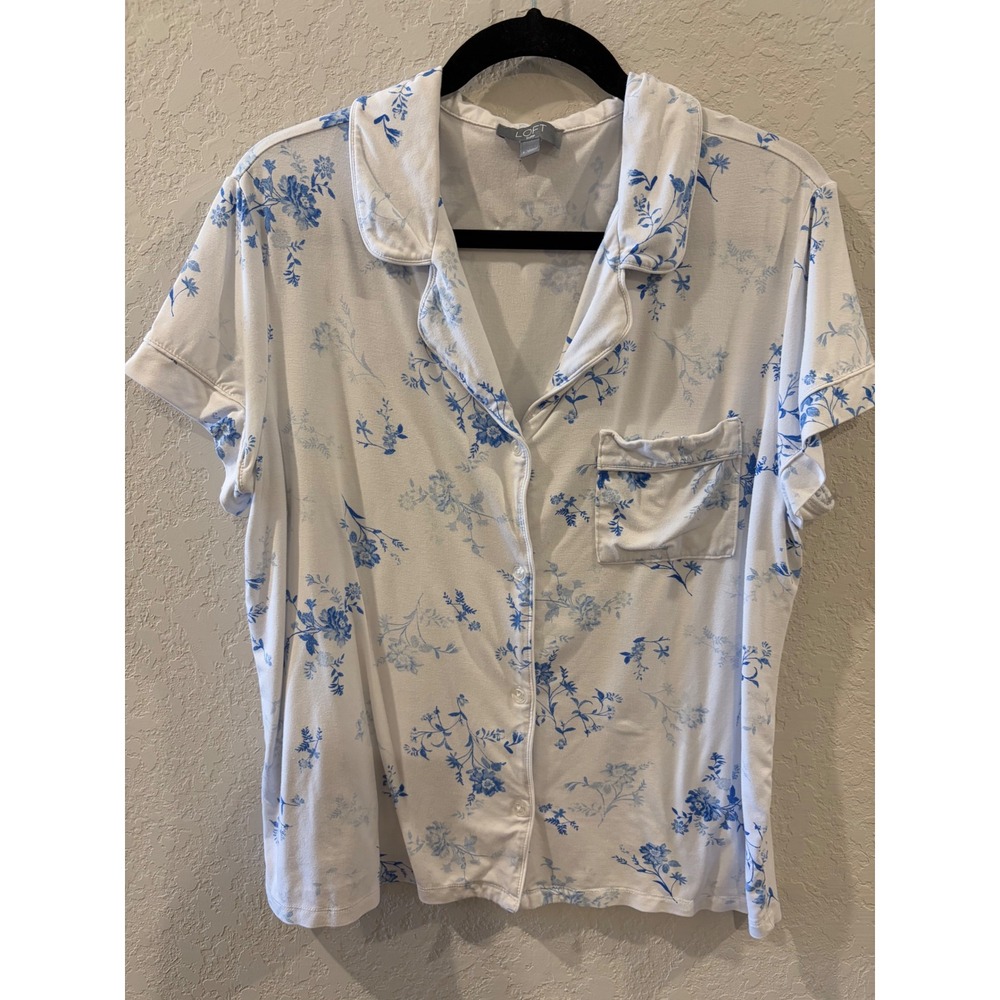 Loft Sleep Womens Large Blue Floral Notch Collar Button Down Pajama Top PJ Shirt